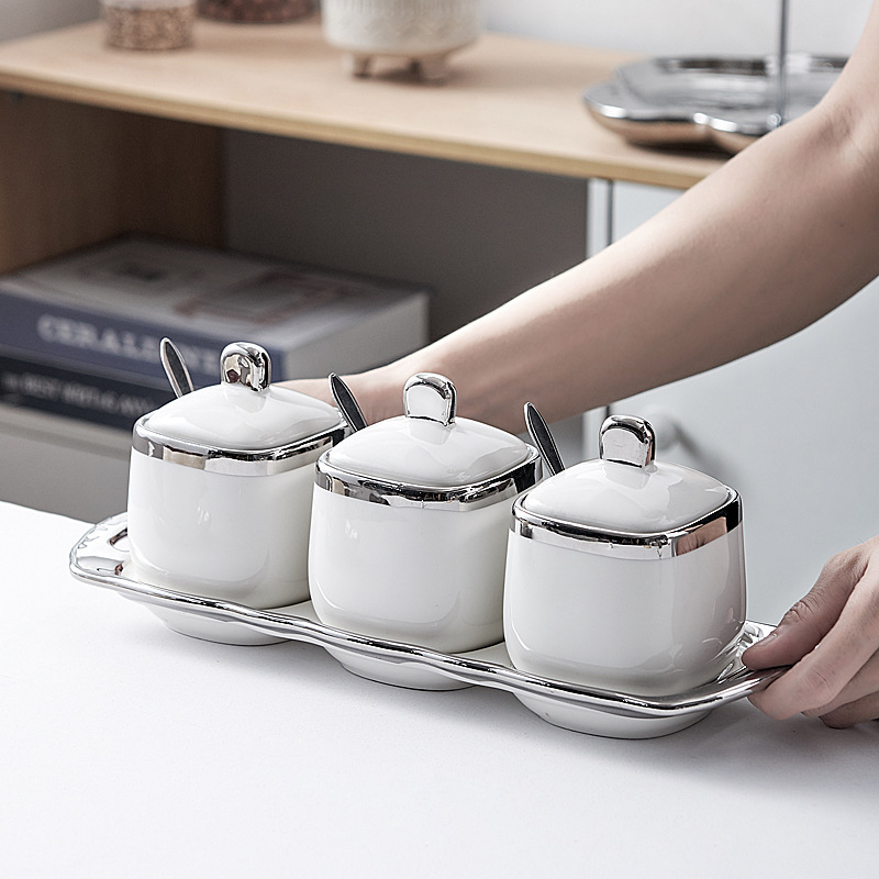 Керамичен комплект буркани за подправки в скандинавски стил – сол и MSG буркани, модерен минималистичен дизайн, персонализирано лого