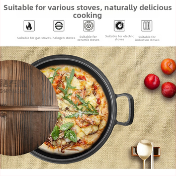 Tava od lijevanog željeza s dvostrukim ručkama, ravno dno, bez premaza, drveni poklopac, višestruka upotreba za jaja i teppanyaki