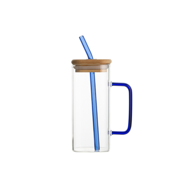 Kvadratna staklena čaša za vodu sa slamkom i poklopcem, otporna na visoke temperature, moderni minimalistički stil