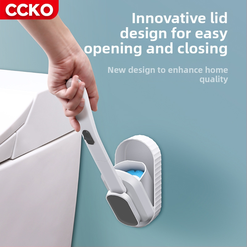 CCKO nástenná jednorazová kefa na toaletu s výmeniteľnou hlavou, plastová, moderný minimalistický dizajn.