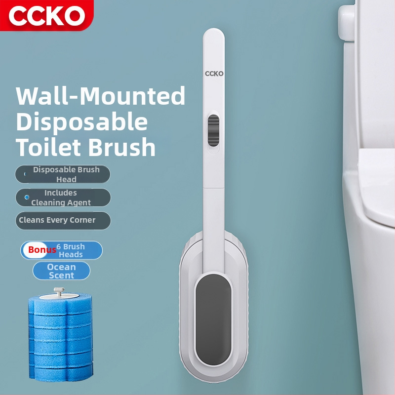 CCKO nástenná jednorazová kefa na toaletu s výmeniteľnou hlavou, plastová, moderný minimalistický dizajn.