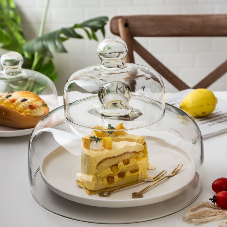 Mikrohullámú sütőhöz üveg fedél – ólommentes, élelmiszer-minőségű, átlátszó, magas hőmérséklet-tűrés, porvédő és frissesség megőrző süteményekhez és gyümölcsökhöz