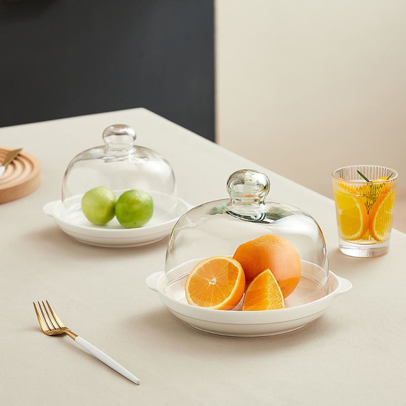 Mikrohullámú sütőhöz üveg fedél – ólommentes, élelmiszer-minőségű, átlátszó, magas hőmérséklet-tűrés, porvédő és frissesség megőrző süteményekhez és gyümölcsökhöz