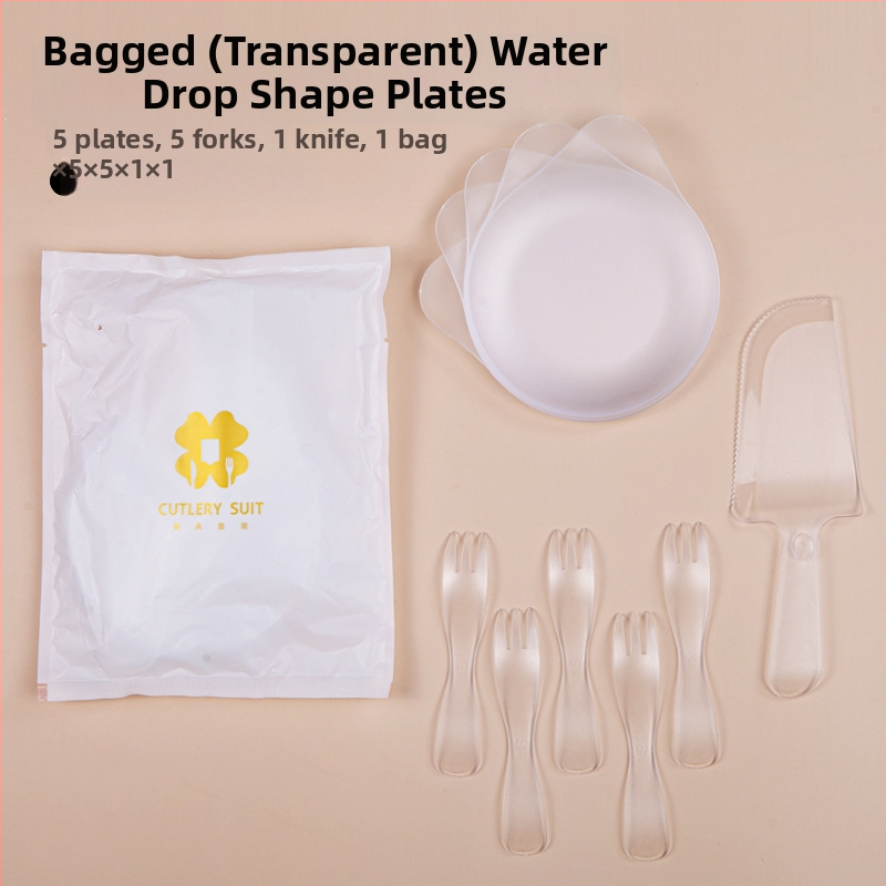 Štyri v jednom jednorázová súprava príborov k narodeninám s krabičkou na tortu, tanierom tvaru kvapky vody a vlnenou vidličkou