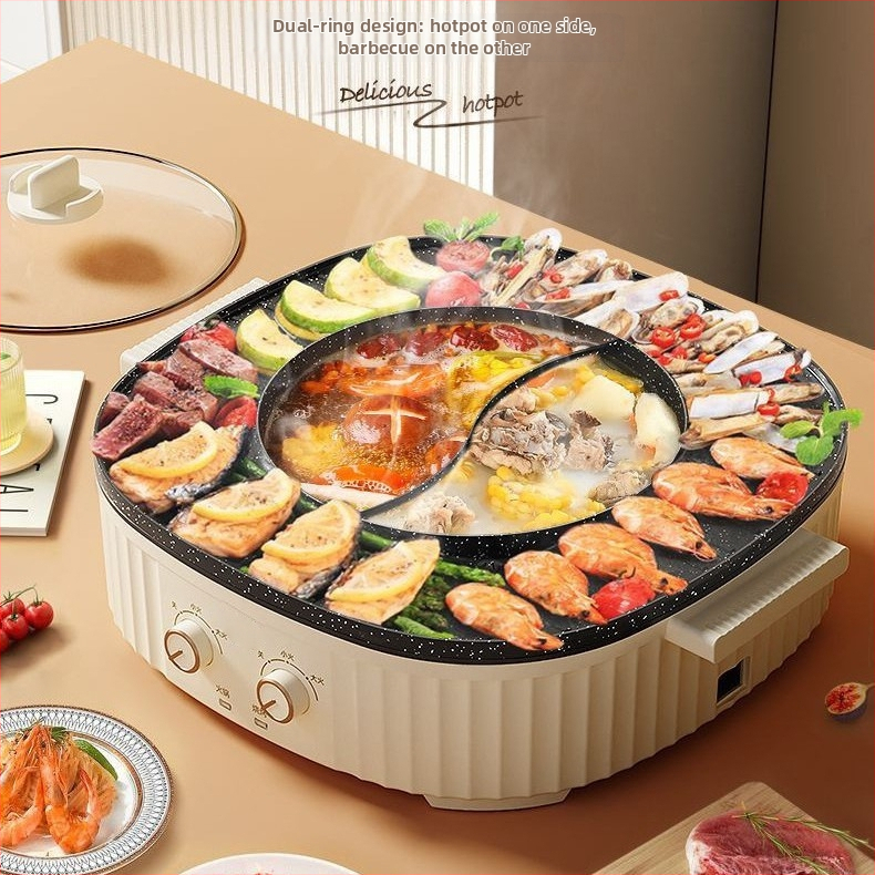 Shabu-shabu všetko-v-jednom hrniec s grilom – 1200W, hliníková zliatina, hĺbka vnútorného hrnca 7 cm, vhodné pre 3–4 osoby