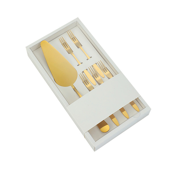 410 rozsdamentes acél desszertkészlet – modern, minimalist stílus; tükörfényes polírozás; testreszabás elérhető; tartalmaz torta kés, torta villa, torta kanál, fagylaltkanál és gyümölcs villa