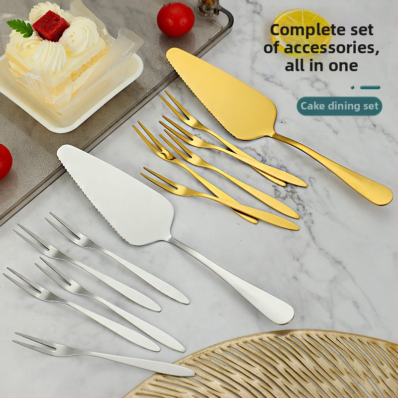 410 rozsdamentes acél desszertkészlet – modern, minimalist stílus; tükörfényes polírozás; testreszabás elérhető; tartalmaz torta kés, torta villa, torta kanál, fagylaltkanál és gyümölcs villa