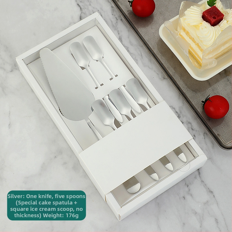 410 rozsdamentes acél desszertkészlet – modern, minimalist stílus; tükörfényes polírozás; testreszabás elérhető; tartalmaz torta kés, torta villa, torta kanál, fagylaltkanál és gyümölcs villa