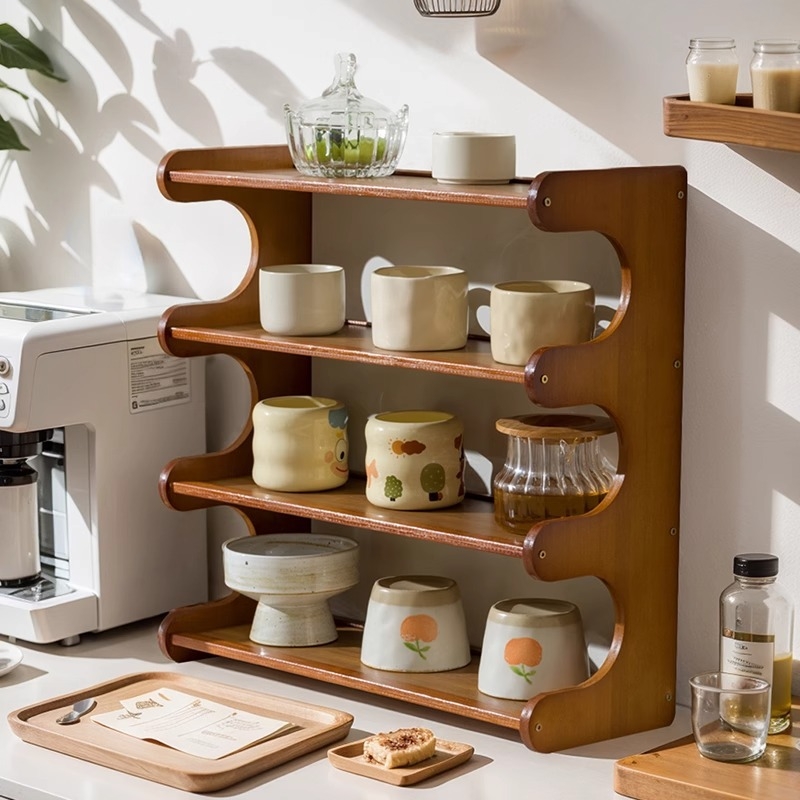 Držač za šalice od drveta, stolni, četiri razine, velik kapacitet, light luxury retro stil, bez bušenja