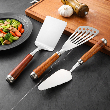 Fa fogantyújú spatula 304 rozsdamentes acélból, sütéshez, tortákhoz és pizzához, Teppanyaki stílusban