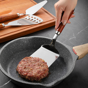 Fa fogantyújú spatula 304 rozsdamentes acélból, sütéshez, tortákhoz és pizzához, Teppanyaki stílusban