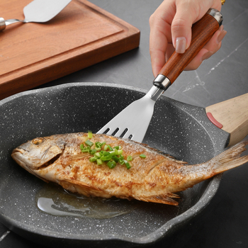 Fa fogantyújú spatula 304 rozsdamentes acélból, sütéshez, tortákhoz és pizzához, Teppanyaki stílusban