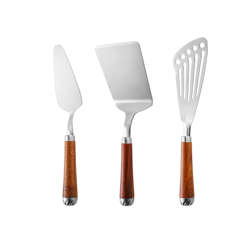 Fa fogantyújú spatula 304 rozsdamentes acélból, sütéshez, tortákhoz és pizzához, Teppanyaki stílusban