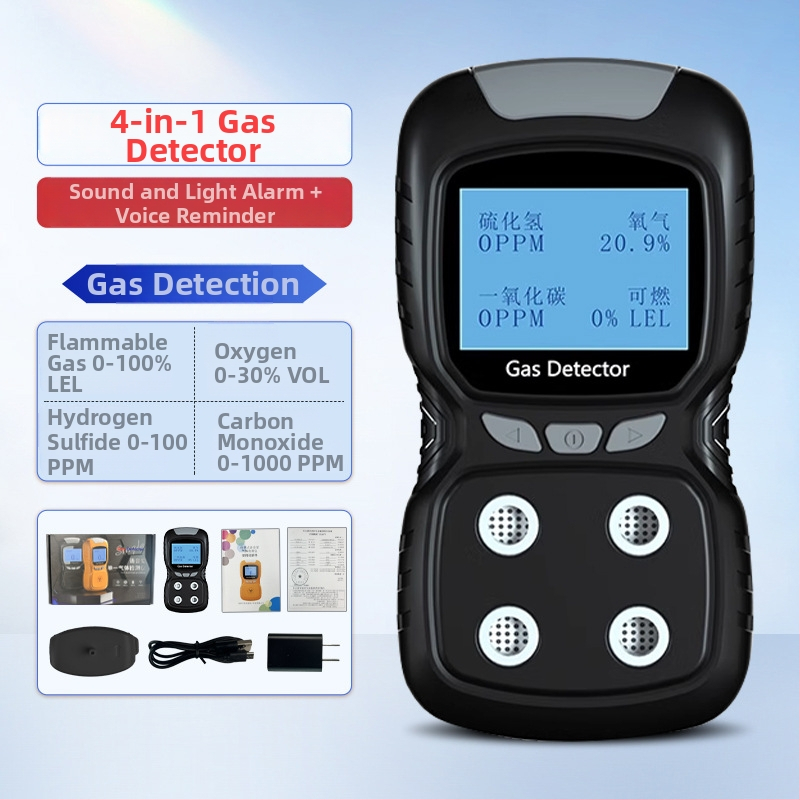 Спасителна версия: 4-в-1 газов детектор T-804, преносим, диапазон на измерване 50, засича запалими газове, CO, CO2, H2, точност 30%