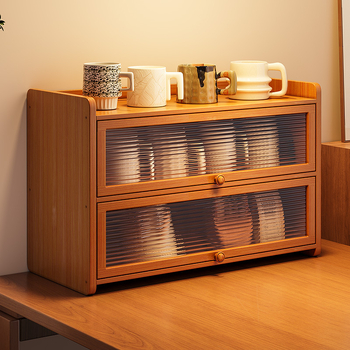 Raft de stocare pentru pahare din bambus, 3 etaje, de birou, anti-praf, organizator multifuncțional