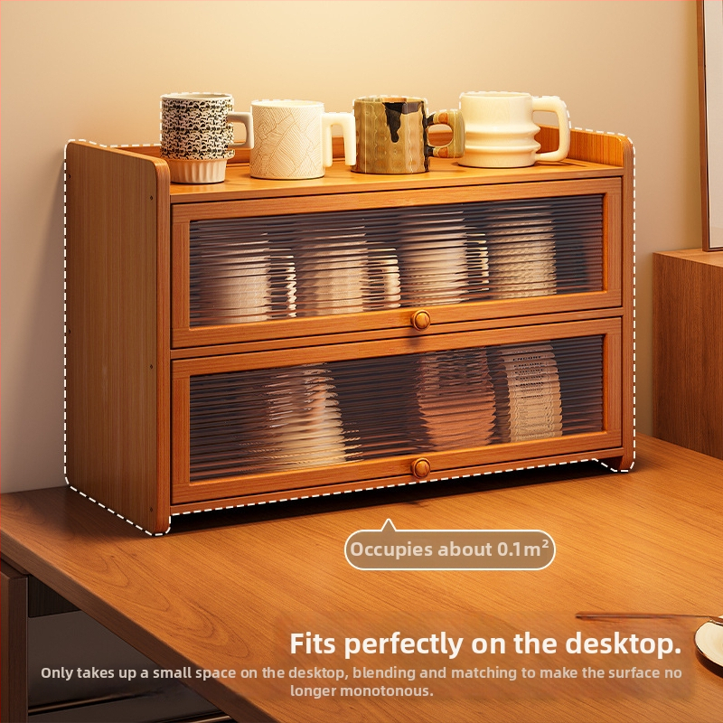 Raft de stocare pentru pahare din bambus, 3 etaje, de birou, anti-praf, organizator multifuncțional