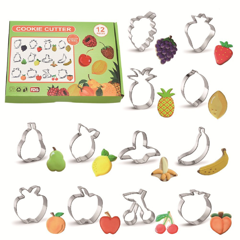 Set od 12 nehrđajućih čeličnih kalupa za kekse s voćnim uzorkom — kalupi za kekse i tortu, nepravilni oblici, moderni minimalistički stil