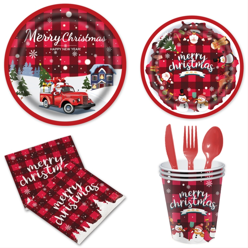 Set decorativ de Crăciun, de unică folosință — veselă de masă din plastic și hârtie: farfurii, fețe de masă și șervețele; accesorii pentru aranjarea spațiului