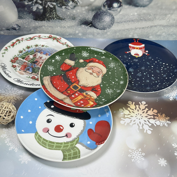 Kerámia karácsonyi étkészlet, kerek, rajzos mintával, alulglazúros felület, mikrohullámú sütőben használható
