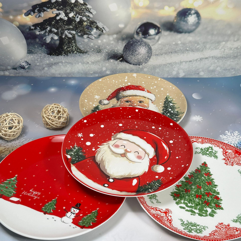 Kerámia karácsonyi étkészlet, kerek, rajzos mintával, alulglazúros felület, mikrohullámú sütőben használható