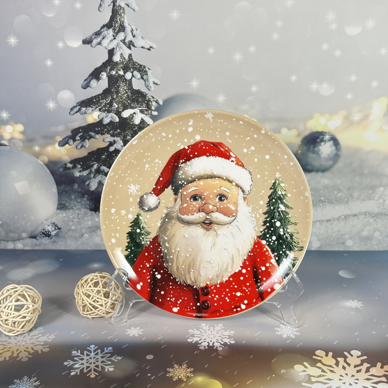 Kerámia karácsonyi étkészlet, kerek, rajzos mintával, alulglazúros felület, mikrohullámú sütőben használható