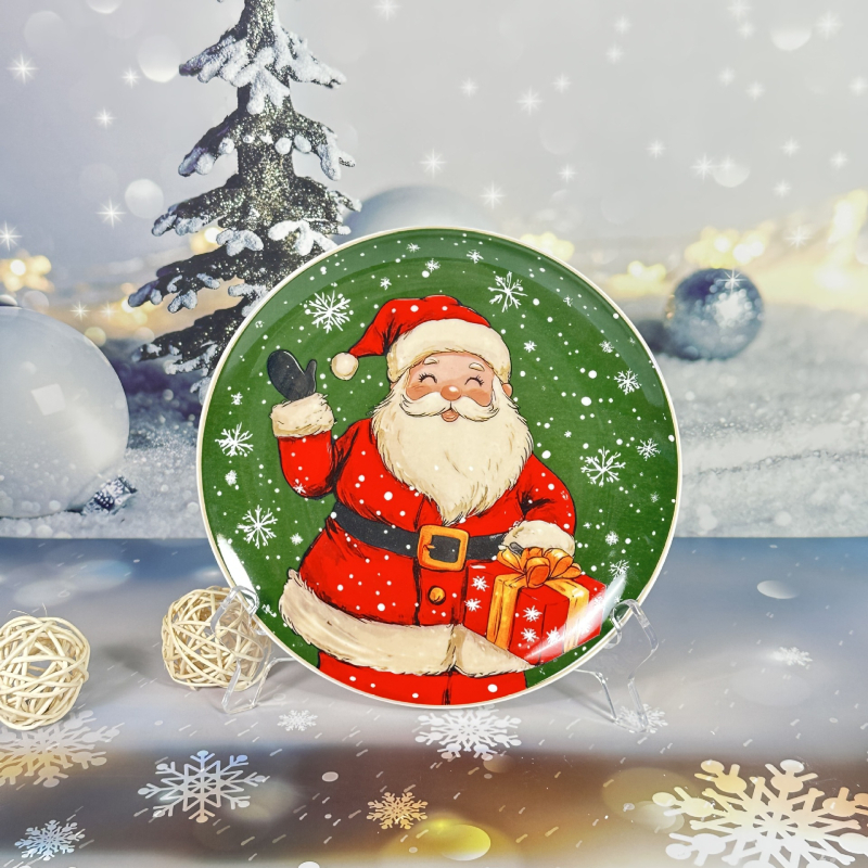 Kerámia karácsonyi étkészlet, kerek, rajzos mintával, alulglazúros felület, mikrohullámú sütőben használható