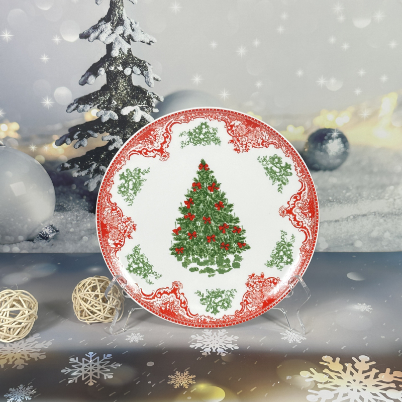 Kerámia karácsonyi étkészlet, kerek, rajzos mintával, alulglazúros felület, mikrohullámú sütőben használható