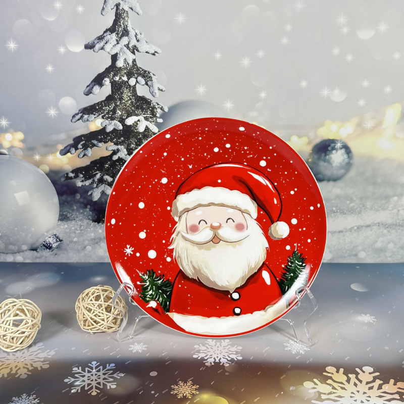 Kerámia karácsonyi étkészlet, kerek, rajzos mintával, alulglazúros felület, mikrohullámú sütőben használható