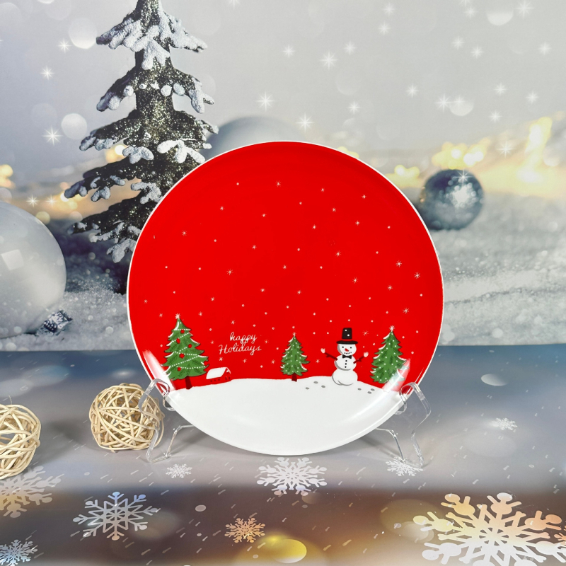 Kerámia karácsonyi étkészlet, kerek, rajzos mintával, alulglazúros felület, mikrohullámú sütőben használható