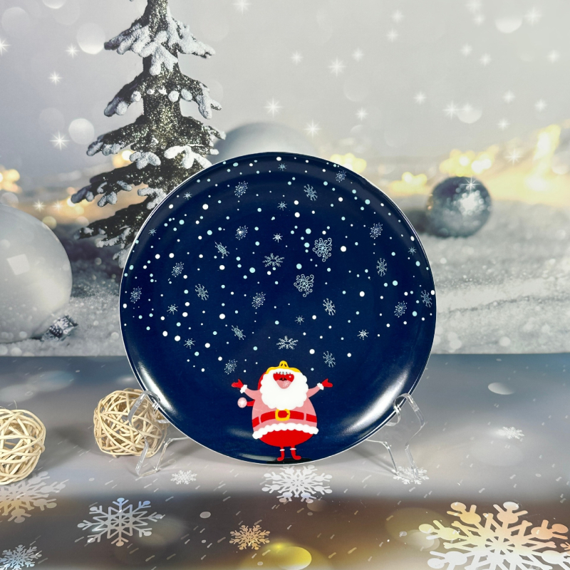 Kerámia karácsonyi étkészlet, kerek, rajzos mintával, alulglazúros felület, mikrohullámú sütőben használható