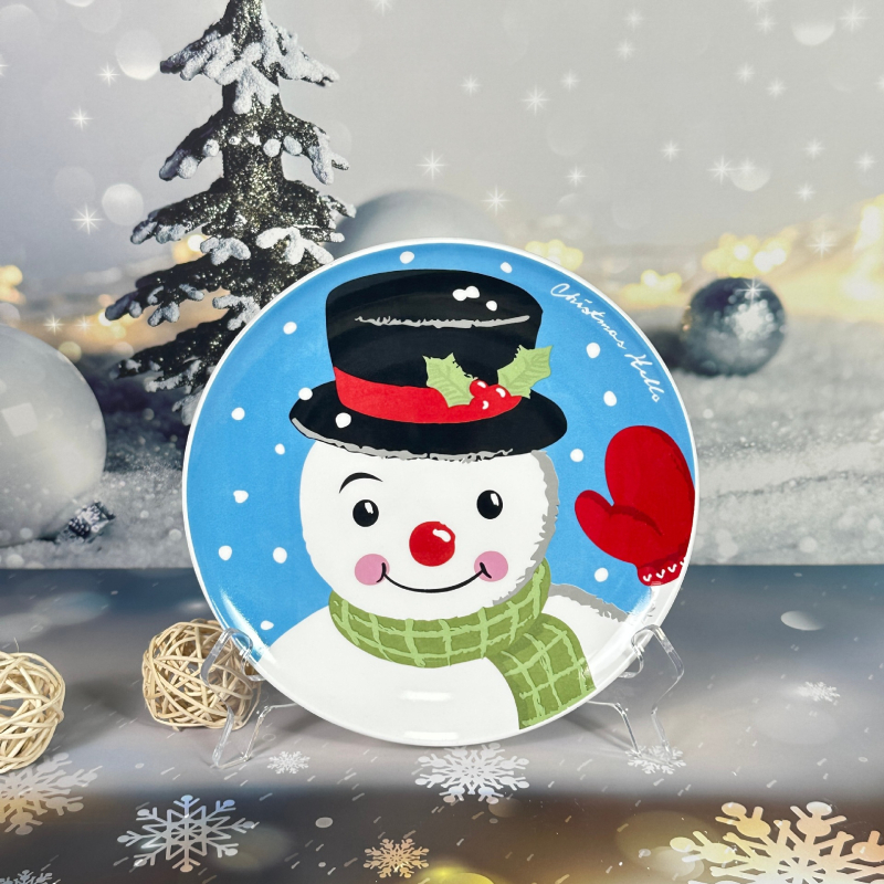 Kerámia karácsonyi étkészlet, kerek, rajzos mintával, alulglazúros felület, mikrohullámú sütőben használható