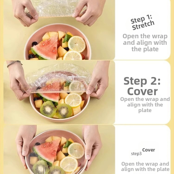 Jednorazový set potravinovej fólie na pokrytie misiek, tanierov a viečok; odolný voči teplotám od -60°C do 100°C; jednoduché balenie; značka Pengyi; 1 kus; domáce použitie.