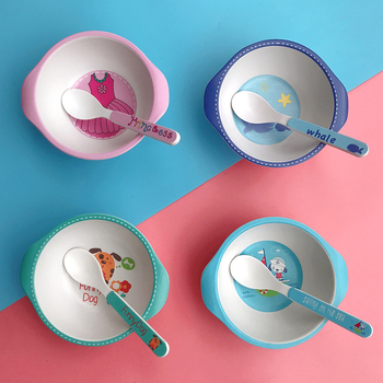 Set dječjih posuda: zdjela i žlica od vlakna bambusa – crtani stil, dvodijelni set za djecu od 24 mjeseca