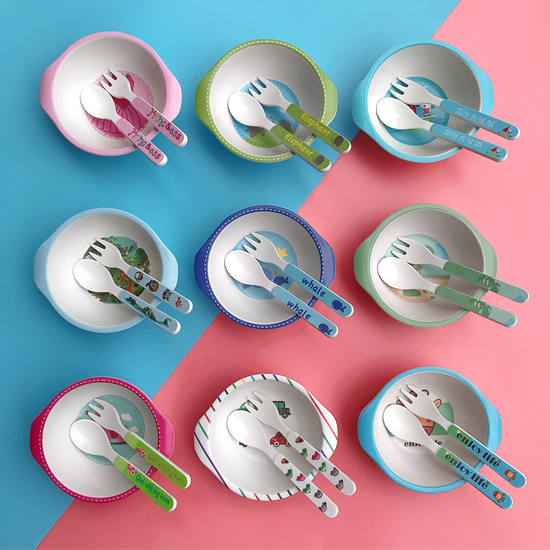 Set dječjih posuda: zdjela i žlica od vlakna bambusa – crtani stil, dvodijelni set za djecu od 24 mjeseca