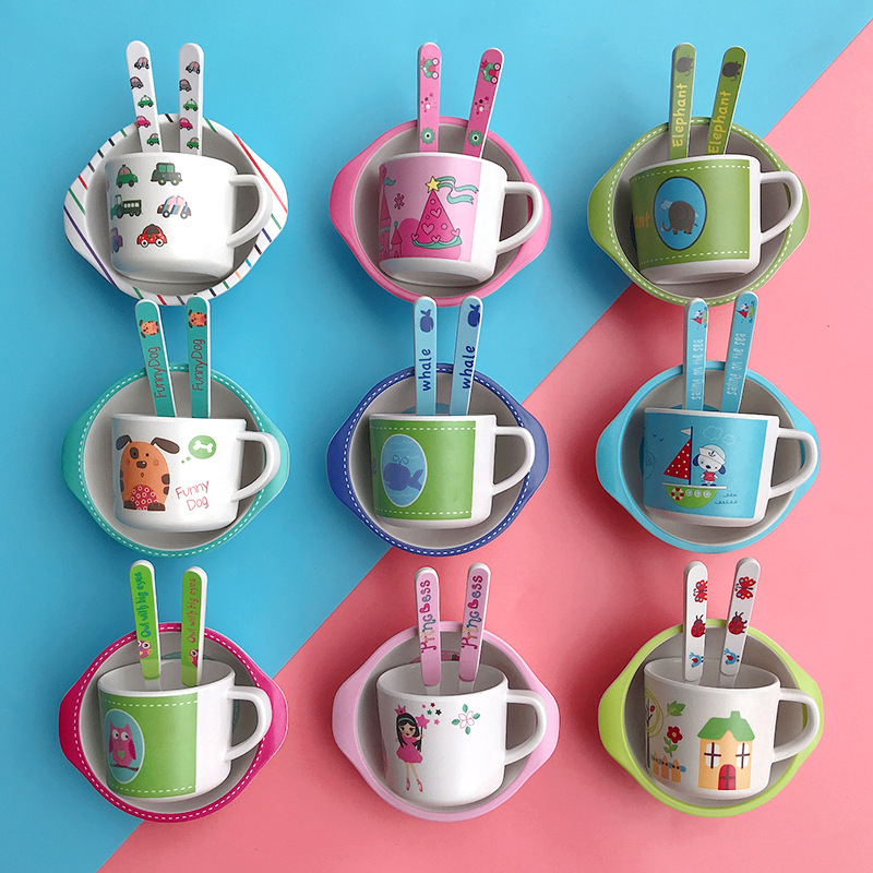 Set dječjih posuda: zdjela i žlica od vlakna bambusa – crtani stil, dvodijelni set za djecu od 24 mjeseca