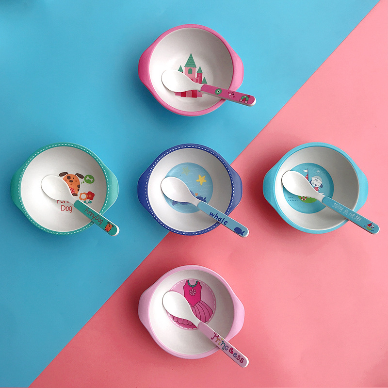 Set dječjih posuda: zdjela i žlica od vlakna bambusa – crtani stil, dvodijelni set za djecu od 24 mjeseca