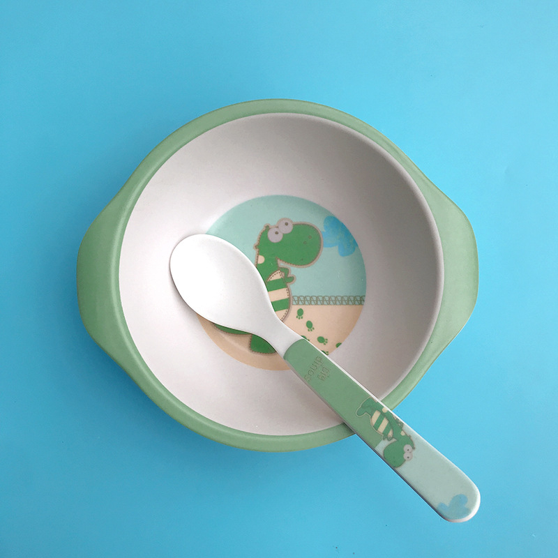 Set dječjih posuda: zdjela i žlica od vlakna bambusa – crtani stil, dvodijelni set za djecu od 24 mjeseca
