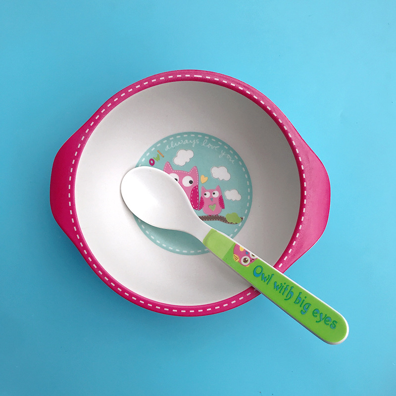 Set dječjih posuda: zdjela i žlica od vlakna bambusa – crtani stil, dvodijelni set za djecu od 24 mjeseca