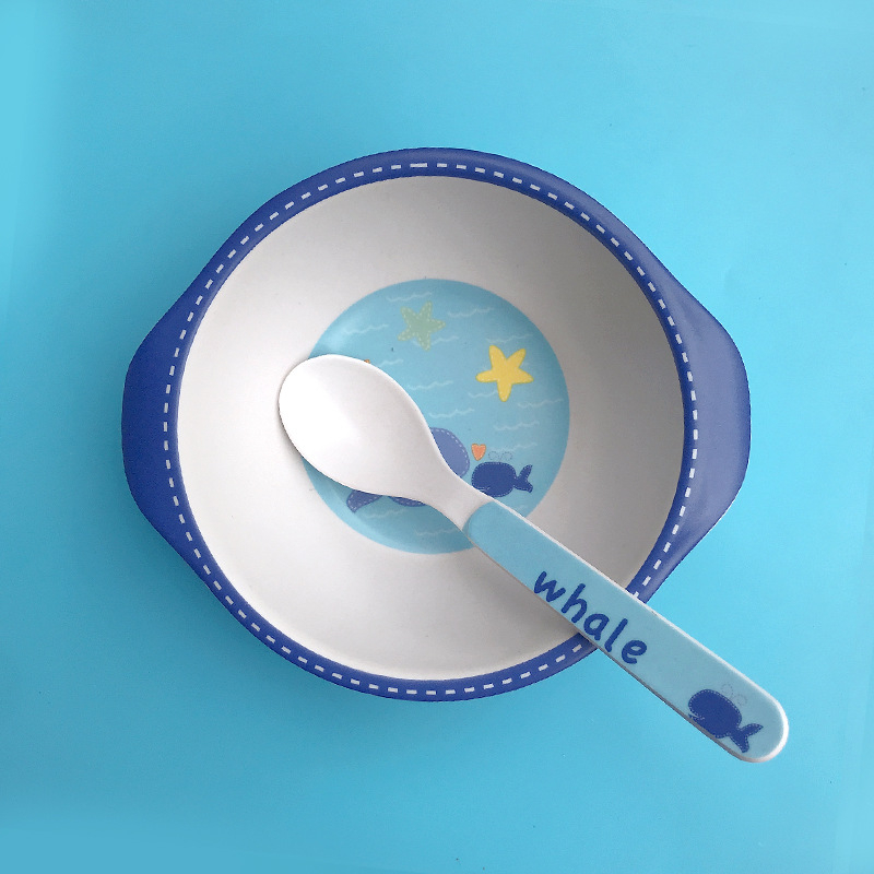 Set dječjih posuda: zdjela i žlica od vlakna bambusa – crtani stil, dvodijelni set za djecu od 24 mjeseca