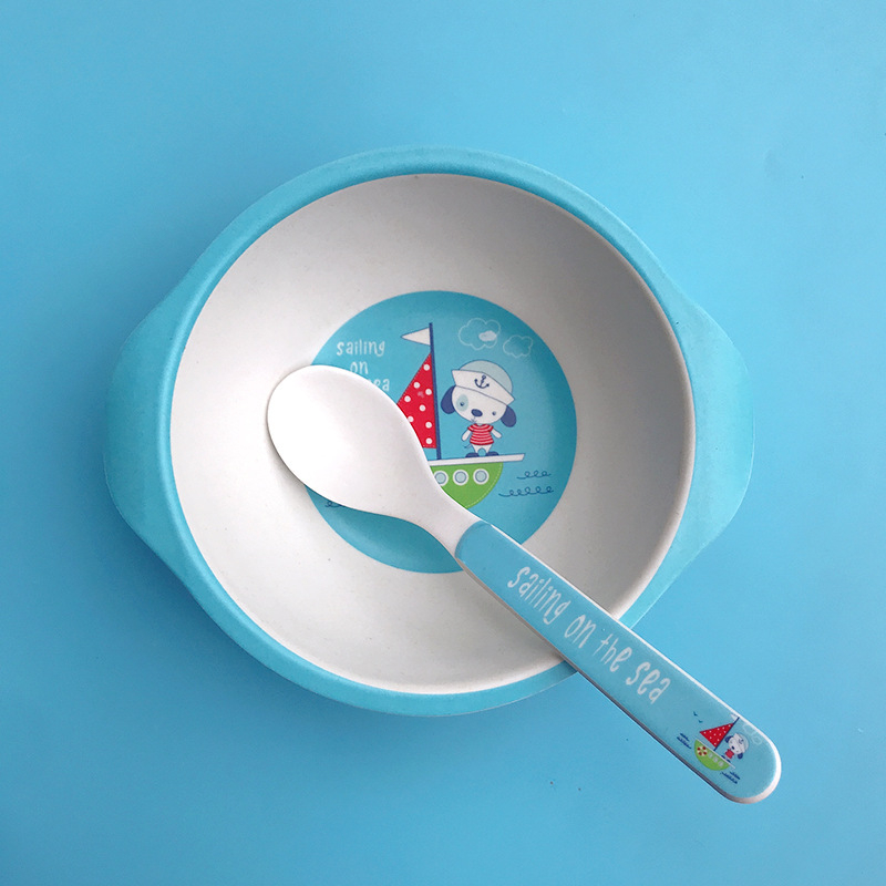 Set dječjih posuda: zdjela i žlica od vlakna bambusa – crtani stil, dvodijelni set za djecu od 24 mjeseca