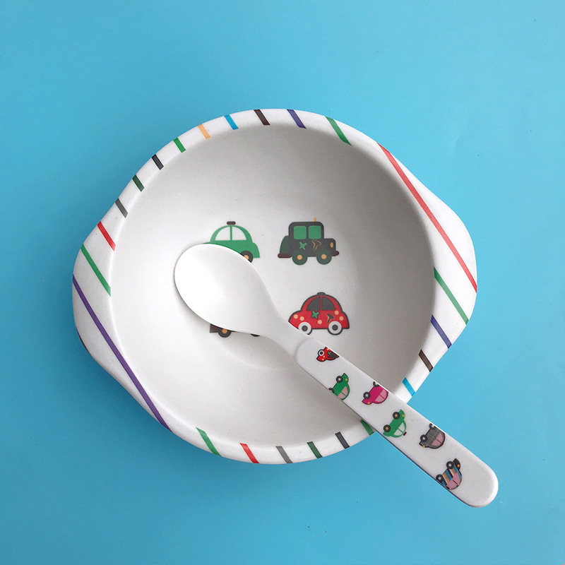 Set dječjih posuda: zdjela i žlica od vlakna bambusa – crtani stil, dvodijelni set za djecu od 24 mjeseca