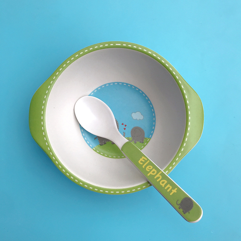 Set dječjih posuda: zdjela i žlica od vlakna bambusa – crtani stil, dvodijelni set za djecu od 24 mjeseca