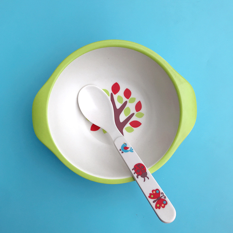 Set dječjih posuda: zdjela i žlica od vlakna bambusa – crtani stil, dvodijelni set za djecu od 24 mjeseca