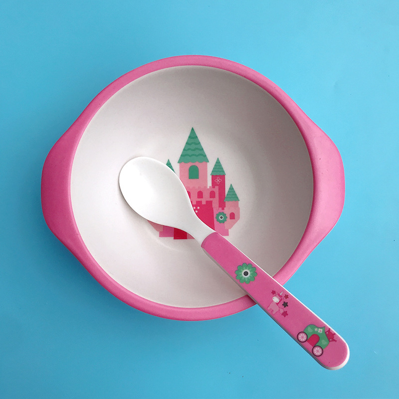 Set dječjih posuda: zdjela i žlica od vlakna bambusa – crtani stil, dvodijelni set za djecu od 24 mjeseca