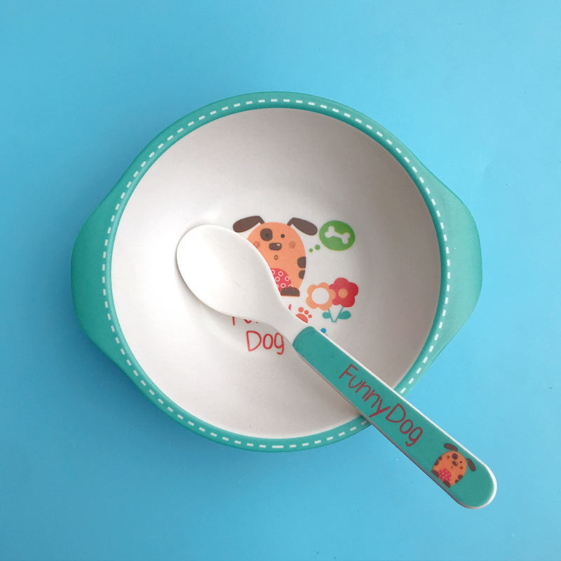 Set dječjih posuda: zdjela i žlica od vlakna bambusa – crtani stil, dvodijelni set za djecu od 24 mjeseca