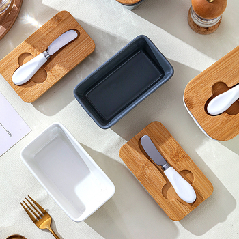 Кутия за масло с капак, керамична, правоъгълна кутия за съхранение на сирене с нож - Mufu family