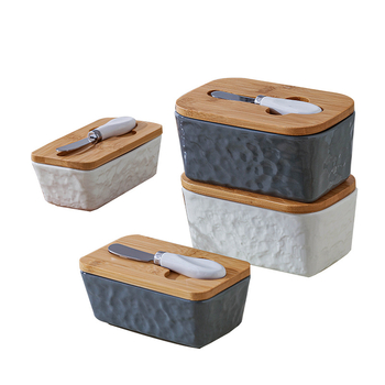 Кутия за масло с капак, керамична, правоъгълна кутия за съхранение на сирене с нож - Mufu family