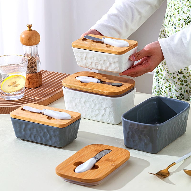 Кутия за масло с капак, керамична, правоъгълна кутия за съхранение на сирене с нож - Mufu family