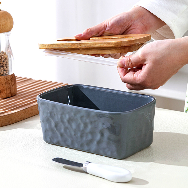 Кутия за масло с капак, керамична, правоъгълна кутия за съхранение на сирене с нож - Mufu family