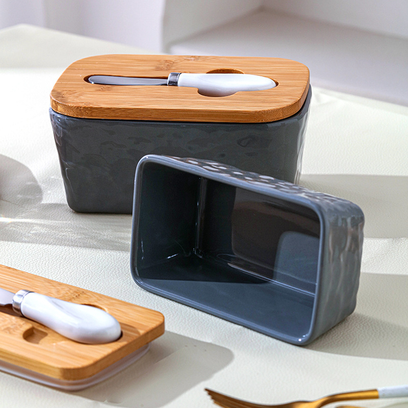 Кутия за масло с капак, керамична, правоъгълна кутия за съхранение на сирене с нож - Mufu family